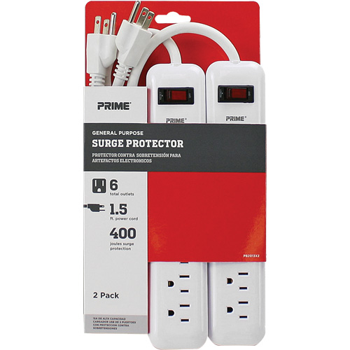 Surge Protector 2-Pack, 6 Outlets, 400 J, 1875 W, 1.5' Cord Cam Industrial