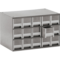 Modular Parts Cabinets, Steel, 15 Drawers, 17" x 10-9/16" x 3-1/16", Grey Cam Industrial