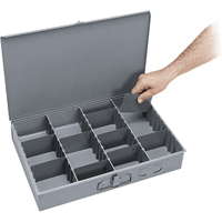 Adjustable Compartment Boxes, Steel, Variable Slots, 18" W x 12" D x 3" H, Grey Cam Industrial