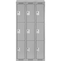 Clean Line Lockers, 3 -tier, Bank of 3, 36" x 18" x 78", Steel, Grey, Rivet (Assembled) Cam Industrial