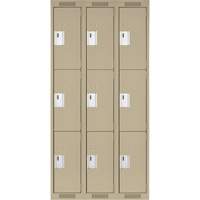 Clean Line Lockers, 3 -tier, Bank of 3, 36" x 18" x 72", Steel, Beige, Rivet (Assembled) Cam Industrial