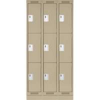 Clean Line Lockers, 3 -tier, Bank of 3, 36" x 18" x 76", Steel, Beige, Rivet (Assembled) Cam Industrial