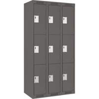 Clean Line Lockers, 3 -tier, Bank of 3, 36" x 18" x 72", Steel, Charcoal, Rivet (Assembled) Cam Industrial