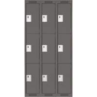 Clean Line Lockers, 3 -tier, Bank of 3, 36" x 18" x 72", Steel, Charcoal, Rivet (Assembled) Cam Industrial