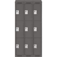 Clean Line Lockers, 3 -tier, Bank of 3, 36" x 18" x 78", Steel, Charcoal, Rivet (Assembled) Cam Industrial