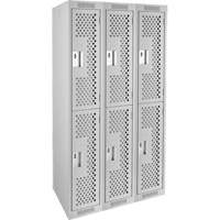 Clean Line Lockers, 2 -tier, Bank of 3, 36" x 12" x 72", Steel, Grey, Rivet (Assembled), Perforated Cam Industrial
