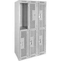 Clean Line Lockers, 2 -tier, Bank of 3, 36" x 12" x 72", Steel, Grey, Rivet (Assembled), Perforated Cam Industrial