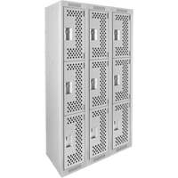 Clean Line Lockers, 3 -tier, Bank of 3, 36" x 12" x 72", Steel, Grey, Rivet (Assembled), Perforated Cam Industrial