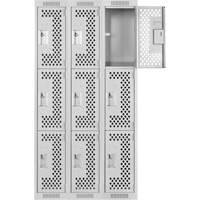 Clean Line Lockers, 3 -tier, Bank of 3, 36" x 12" x 72", Steel, Grey, Rivet (Assembled), Perforated Cam Industrial