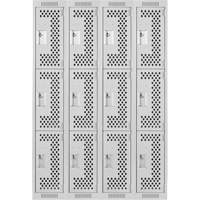 Clean Line Lockers, 3 -tier, Bank of 4, 48" x 12" x 72", Steel, Grey, Rivet (Assembled), Perforated Cam Industrial