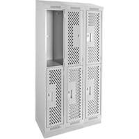 Clean Line Lockers, 2 -tier, Bank of 3, 36" x 18" x 82", Steel, Grey, Rivet (Assembled), Perforated Cam Industrial