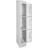 Clean Line Lockers, 3 -tier, 12" x 18" x 82", Steel, Grey, Rivet (Assembled), Perforated Cam Industrial