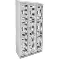 Clean Line Lockers, 3 -tier, Bank of 3, 36" x 18" x 82", Steel, Grey, Rivet (Assembled), Perforated Cam Industrial