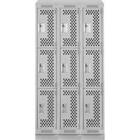 Clean Line Lockers, 3 -tier, Bank of 3, 36" x 18" x 82", Steel, Grey, Rivet (Assembled), Perforated Cam Industrial