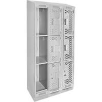 Clean Line Lockers, 3 -tier, Bank of 3, 36" x 18" x 82", Steel, Grey, Rivet (Assembled), Perforated Cam Industrial