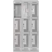Clean Line Lockers, 3 -tier, Bank of 3, 36" x 18" x 82", Steel, Grey, Rivet (Assembled), Perforated Cam Industrial