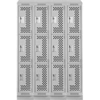 Clean Line Lockers, 3 -tier, Bank of 4, 48" x 18" x 82", Steel, Grey, Rivet (Assembled), Perforated Cam Industrial
