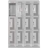 Clean Line Lockers, 3 -tier, Bank of 4, 48" x 18" x 82", Steel, Grey, Rivet (Assembled), Perforated Cam Industrial