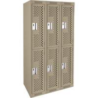 Clean Line Lockers, 2 -tier, Bank of 3, 36" x 12" x 72", Steel, Beige, Rivet (Assembled), Perforated Cam Industrial
