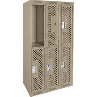 Clean Line Lockers, 2 -tier, Bank of 3, 36" x 12" x 72", Steel, Beige, Rivet (Assembled), Perforated Cam Industrial