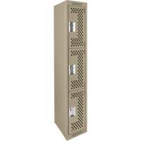 Clean Line Lockers, 3 -tier, 12" x 12" x 72", Steel, Beige, Rivet (Assembled), Perforated Cam Industrial
