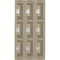 Clean Line Lockers, 3 -tier, Bank of 3, 36" x 12" x 72", Steel, Beige, Rivet (Assembled), Perforated Cam Industrial