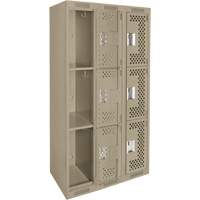 Clean Line Lockers, 3 -tier, Bank of 3, 36" x 12" x 72", Steel, Beige, Rivet (Assembled), Perforated Cam Industrial