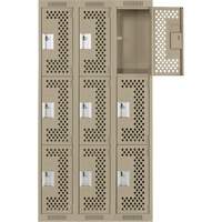 Clean Line Lockers, 3 -tier, Bank of 3, 36" x 12" x 72", Steel, Beige, Rivet (Assembled), Perforated Cam Industrial