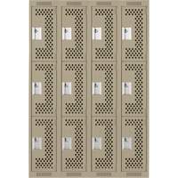 Clean Line Lockers, 3 -tier, Bank of 4, 48" x 12" x 72", Steel, Beige, Rivet (Assembled), Perforated Cam Industrial