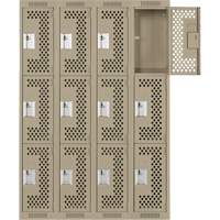 Clean Line Lockers, 3 -tier, Bank of 4, 48" x 12" x 72", Steel, Beige, Rivet (Assembled), Perforated Cam Industrial