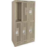 Clean Line Lockers, 2 -tier, Bank of 3, 36" x 12" x 76", Steel, Beige, Rivet (Assembled), Perforated Cam Industrial