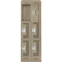 Clean Line Lockers, 3 -tier, Bank of 2, 24" x 18" x 82", Steel, Beige, Rivet (Assembled), Perforated Cam Industrial