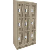 Clean Line Lockers, 3 -tier, Bank of 3, 36" x 18" x 82", Steel, Beige, Rivet (Assembled), Perforated Cam Industrial