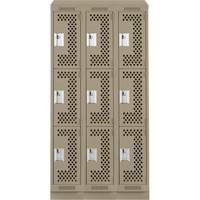 Clean Line Lockers, 3 -tier, Bank of 3, 36" x 18" x 82", Steel, Beige, Rivet (Assembled), Perforated Cam Industrial