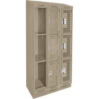 Clean Line Lockers, 3 -tier, Bank of 3, 36" x 18" x 82", Steel, Beige, Rivet (Assembled), Perforated Cam Industrial