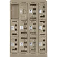 Clean Line Lockers, 3 -tier, Bank of 4, 48" x 18" x 82", Steel, Beige, Rivet (Assembled), Perforated Cam Industrial