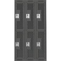 Clean Line Lockers, 2 -tier, Bank of 3, 36" x 12" x 72", Steel, Charcoal, Rivet (Assembled), Perforated Cam Industrial
