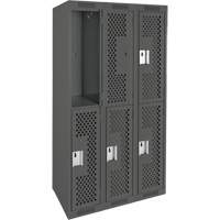 Clean Line Lockers, 2 -tier, Bank of 3, 36" x 12" x 72", Steel, Charcoal, Rivet (Assembled), Perforated Cam Industrial
