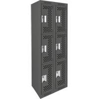 Clean Line Lockers, 3 -tier, Bank of 2, 24" x 12" x 72", Steel, Charcoal, Rivet (Assembled), Perforated Cam Industrial