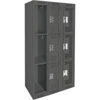 Clean Line Lockers, 3 -tier, Bank of 3, 36" x 12" x 72", Steel, Charcoal, Rivet (Assembled), Perforated Cam Industrial