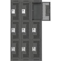 Clean Line Lockers, 3 -tier, Bank of 3, 36" x 12" x 72", Steel, Charcoal, Rivet (Assembled), Perforated Cam Industrial
