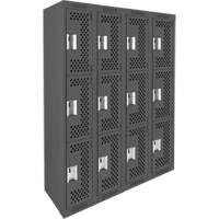 Clean Line Lockers, 3 -tier, Bank of 4, 48" x 12" x 72", Steel, Charcoal, Rivet (Assembled), Perforated Cam Industrial