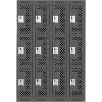 Clean Line Lockers, 3 -tier, Bank of 4, 48" x 12" x 72", Steel, Charcoal, Rivet (Assembled), Perforated Cam Industrial