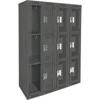 Clean Line Lockers, 3 -tier, Bank of 4, 48" x 12" x 72", Steel, Charcoal, Rivet (Assembled), Perforated Cam Industrial