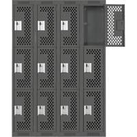Clean Line Lockers, 3 -tier, Bank of 4, 48" x 12" x 72", Steel, Charcoal, Rivet (Assembled), Perforated Cam Industrial