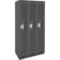 Clean Line Lockers, Bank of 3, 36" x 15" x 76", Steel, Charcoal, Rivet (Assembled), Perforated Cam Industrial