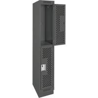 Clean Line Lockers, 2 -tier, 12" x 12" x 76", Steel, Charcoal, Rivet (Assembled), Perforated Cam Industrial