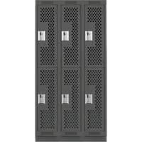 Clean Line Lockers, 2 -tier, Bank of 3, 36" x 12" x 76", Steel, Charcoal, Rivet (Assembled), Perforated Cam Industrial