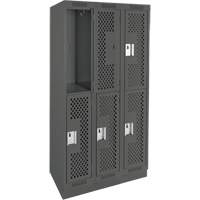 Clean Line Lockers, 2 -tier, Bank of 3, 36" x 12" x 76", Steel, Charcoal, Rivet (Assembled), Perforated Cam Industrial