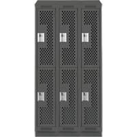 Clean Line Lockers, 2 -tier, Bank of 3, 36" x 18" x 82", Steel, Charcoal, Rivet (Assembled), Perforated Cam Industrial